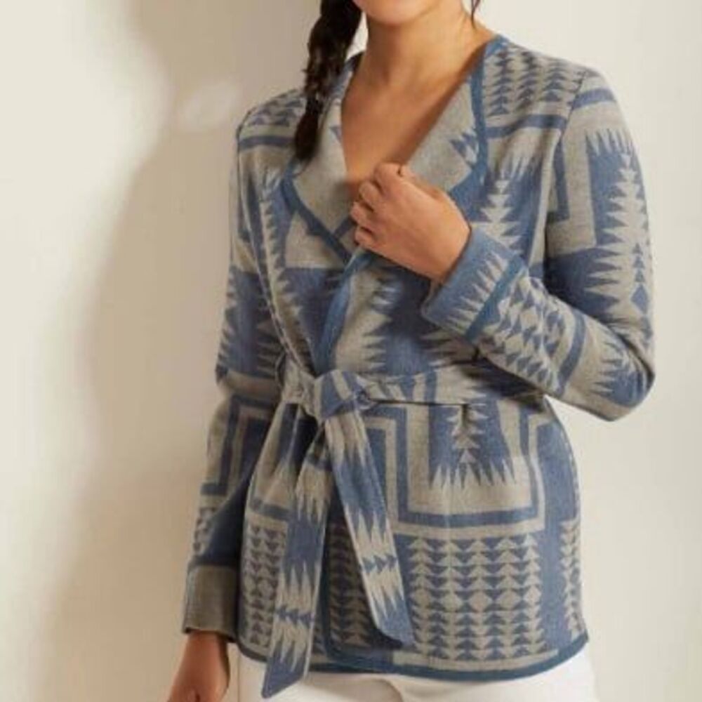 Pendleton blue gray Southwestern jacquard cardigan size medium virgin wool